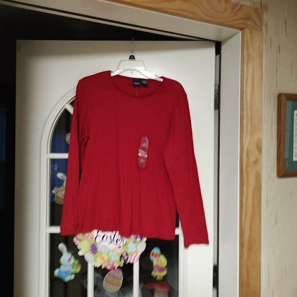 New Basic Editions Red Glitter Long Sleeve Tee Women's L - Picture 1 of 2